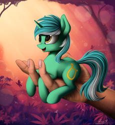 Size: 1700x1848 | Tagged: safe, artist:yakovlev-vad, lyra heartstrings, human, pony, unicorn, cute, disembodied hand, female, hand, holding a pony, in goliath's palm, it's dangerous to go alone, lyrabetes, mare, micro, open mouth, prone, smiling, solo focus, tiny ponies