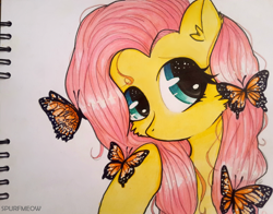 Size: 1360x1067 | Tagged: safe, artist:spurfmeow, fluttershy, butterfly, pegasus, pony, bust, looking away, no mouth, portrait, solo, traditional art