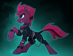 Size: 2200x1685 | Tagged: safe, artist:yakovlev-vad, fizzlepop berrytwist, tempest shadow, pony, unicorn, broken horn, choker, clothes, ear piercing, eye scar, female, horn, mare, metal, piercing, raised hoof, scar, scar on the wrong side, solo, spiked choker