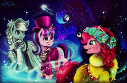 Size: 1024x666 | Tagged: safe, artist:das_leben, applejack, pinkie pie, princess luna, snowfall frost, spirit of hearth's warming past, starlight glimmer, alicorn, earth pony, pony, a hearth's warming tail, clothes, dress, hat, signature, snow, snowfall, spectacles, spirit of hearth's warming presents, spirit of hearth's warming yet to come, top hat
