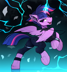 Size: 2100x2255 | Tagged: safe, artist:yakovlev-vad, twilight sparkle, twilight sparkle (alicorn), alicorn, pony, alternate hairstyle, bad student, badass, bracelet, butt, clothes, female, growling, jewelry, lightning, mare, pants, piercing, plot, punklight sparkle, scarf, see-through, solo, tail holder, twibutt, underhoof