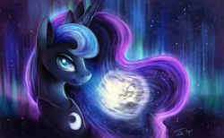 Size: 1200x738 | Tagged: safe, artist:tsitra360, princess luna, alicorn, pony, aurora borealis, bust, commission, female, looking at you, mare, mare in the moon, moon, portrait, signature, smiling, solo, stars