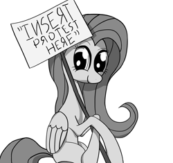 Size: 2600x2440 | Tagged: safe, artist:waffleberry, fluttershy, pegasus, pony, monochrome, sign, solo