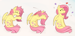 Size: 2580x1235 | Tagged: safe, artist:yakovlev-vad, fluttershy, butterfly, pegasus, pony, behaving like a cat, cheek fluff, chest fluff, cute, daaaaaaaaaaaw, eyes closed, female, floating heart, fluffy, gray background, grooming, happy, heart, high res, hnnng, leg fluff, licking, mare, messy mane, mlem, onomatopoeia, precious, profile, raised hoof, rubbing, shoulder fluff, shyabetes, side view, silly, simple background, sitting, smiling, solo, sparkles, spread wings, squee, tongue out, weapons-grade cute, wings, yakovlev-vad is trying to murder us