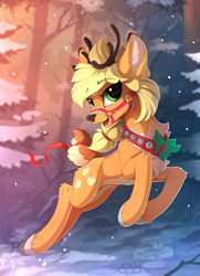 Size: 1800x2485 | Tagged: safe, artist:yakovlev-vad, applejack, deer, earth pony, pony, reindeer, appledeer, chest fluff, color porn, cute, deerified, doe, female, forest, jackabetes, looking at you, open mouth, reins, running, scenery, snow, snowfall, solo, species swap, winter