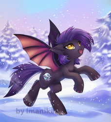 Size: 743x815 | Tagged: safe, artist:imanika, oc, oc only, oc:dawn sentry, bat pony, pony, commission, cute, fangs, female, golden eyes, looking up, mare, ocbetes, open mouth, pine tree, raised hoof, rearing, signature, slit eyes, smiling, snow, snowfall, solo, spread wings, tree, ych result