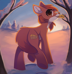 Size: 1958x2000 | Tagged: safe, artist:fensu-san, oc, oc only, fox, fox pony, hybrid, brown eyes, cheese, cutie mark, fangs, food, snow, solo, sunset, winter