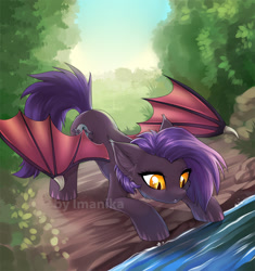 Size: 835x889 | Tagged: safe, artist:imanika, oc, oc only, oc:dawn sentry, bat pony, pony, commission, female, golden eyes, mare, river, slit eyes, solo, spread wings, watermark, ych result