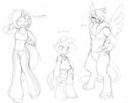 Size: 990x801 | Tagged: safe, artist:kamicheetah, dj pon-3, gilda, spike, vinyl scratch, anthro, dragon, griffon, unguligrade anthro, unicorn, claws, midriff, monochrome, paws