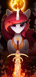 Size: 1125x2411 | Tagged: safe, artist:yakovlev-vad, princess celestia, alicorn, pony, art pack:equestrian royalty, alternate hair color, ash, eye clipping through hair, female, fire, flaming sword, frown, glare, lidded eyes, looking at you, mare, solo, sun, sword, warrior, warrior celestia, weapon