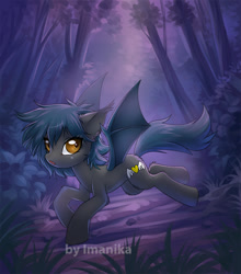 Size: 666x756 | Tagged: safe, artist:imanika, oc, oc only, oc:speck, bat pony, pony, cute, female, forest, mare, night, solo