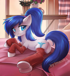 Size: 761x819 | Tagged: safe, artist:imanika, oc, oc only, oc:rescue pony, earth pony, pony, bed, blue hair, caduceus, female, leg warmers, looking at you, lying down, mare, plot, smiling, solo, underhoof