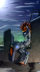 Size: 1080x1920 | Tagged: safe, artist:starfall-spark, oc, oc only, oc:starfall spark, fallout equestria, fallout equestria: lost empire, augmented, bottle, collar, crying inside, depressed, drunk, empty eyes, lying, moon, night, no catchlights, on back, pipbuck, resting, ruins, sky, wall, window, wings, wires