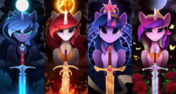 Size: 3500x1875 | Tagged: safe, artist:yakovlev-vad, princess cadance, princess celestia, princess luna, twilight sparkle, twilight sparkle (alicorn), alicorn, butterfly, pony, art pack:equestrian royalty, alicorn tetrarchy, alicorn triarchy, alternate hair color, ash, big crown thingy, cheek fluff, chest fluff, ear fluff, eye clipping through hair, eyebrows visible through hair, fantasy class, female, fire, flaming sword, flower, frown, glare, glowing horn, horn, ice, jewelry, lidded eyes, looking at you, magic, magic circle, mare, moon, night, nightmare luna, peytral, regalia, rose, s1 luna, scroll, sitting, sky, slit eyes, snow, stars, sun, sword, warrior, warrior cadance, warrior celestia, warrior luna, warrior twilight sparkle, weapon