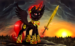 Size: 1280x800 | Tagged: safe, artist:das_leben, oc, oc only, oc:dark star, alicorn, pony, alicorn oc, commission, glowing horn, jewelry, king, looking back, magic, male, red and black oc, red eyes, regalia, solo, spread wings, stallion, sunset, sword