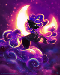 Size: 1600x2000 | Tagged: safe, artist:kp-shadowsquirrel, nightmare moon, crescent moon, looking at you, missing accessory, moon, raised hoof, smiling, solo, stars