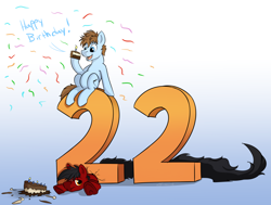 Size: 1280x970 | Tagged: safe, artist:swiftsketchpone, oc, oc only, oc:losian, oc:swift sketch, birthday, birthday cake, cake, confetti, crushed, food, happy, hoof hold, impossibly long tail, long tail, sad, sitting