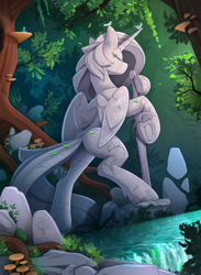 Size: 1750x2385 | Tagged: safe, artist:yakovlev-vad, alicorn, pony, bipedal, butt, eyes closed, female, forest, frog (hoof), hero, leaning, leaves, mare, nature, plot, raised leg, river, rock, scenery, solo, statue, sword, tree, underhoof, unknown pony, water, weapon