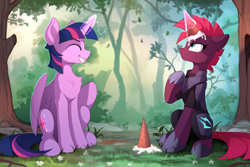 Size: 910x607 | Tagged: safe, artist:yakovlev-vad, edit, editor:gutovi, fizzlepop berrytwist, tempest shadow, twilight sparkle, twilight sparkle (alicorn), alicorn, pony, unicorn, my little pony: the movie, art, broken horn, chest fluff, cute, daaaaaaaaaaaw, dropped ice cream, duo, female, food, forest, glowing horn, grin, ice cream, ice cream cone, ice cream horn, magic, mare, smiling, sweet dreams fuel, telekinesis, tempest gets her horn back, tempestbetes, tree, twiabetes