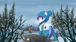 Size: 6400x3600 | Tagged: safe, artist:skrapbox, oc, oc only, oc:marussia, bird, absurd resolution, clothes, hat, looking at you, looking back, nation ponies, russia, scarf, scenery, snow, socks, solo, winter, winter outfit