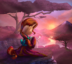 Size: 1200x1070 | Tagged: safe, artist:tsitra360, artist:vest, sunset shimmer, pony, collaboration, beautiful, clothes, dress, drink, eyes closed, food, kimono (clothing), mountain, river, scenery, scenery porn, smiling, solo, sunset, tea