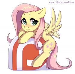 Size: 1446x1434 | Tagged: safe, artist:fensu-san, fluttershy, pegasus, pony, blushing, cute, female, heart eyes, looking at you, mare, open mouth, patreon, patreon logo, shyabetes, simple background, solo, spread wings, white background, wingding eyes