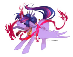 Size: 1024x800 | Tagged: safe, artist:naminzo, twilight sparkle, twilight sparkle (alicorn), alicorn, pony, alternate hairstyle, dark magic, evil, evil grin, grin, jewelry, looking at you, magic, peytral, signature, simple background, smiling, solo