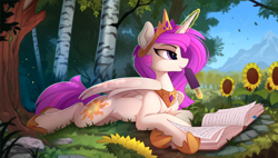 Size: 1024x583 | Tagged: safe, artist:yakovlev-vad, edit, editor:assturtle, princess celestia, alicorn, pony, :p, book, bookmark, cheek fluff, chest fluff, clothes, crown, cute, cutelestia, cutie mark, female, flower, fluffy, food, forest, fudgesicle, grass, hoof shoes, ice cream, jewelry, leg fluff, levitation, licking, lidded eyes, magic, mare, mlem, mountain, nature, necklace, outdoors, peytral, pink-mane celestia, prone, regalia, scenery, shoes, shoulder fluff, sideways glance, silly, smiling, solo, spread wings, summer, sunflower, telekinesis, tiara, tongue out, tree, wing fluff, wings