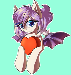 Size: 2000x2090 | Tagged: safe, artist:chaosangeldesu, oc, oc only, oc:sweet tooth, bat pony, pony, bust, cute, heart, simple background, solo, teal background