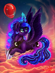 Size: 1280x1707 | Tagged: safe, artist:das_leben, princess luna, alicorn, pony, balloon, magic, signature, solo, stars