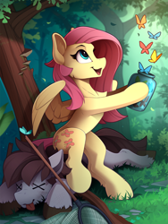 Size: 1810x2410 | Tagged: safe, artist:yakovlev-vad, fluttershy, oc, butterfly, earth pony, pegasus, pony, butterfly net, cute, escape, female, forest, jar, knock out, knocked out, looking at something, male, mare, release, rescue, scenery, shyabetes, smiling, spread wings, stallion, tongue out, unconscious, wings, x eyes