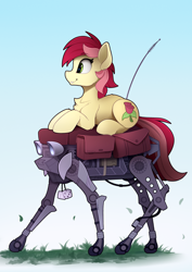 Size: 1720x2425 | Tagged: safe, artist:yakovlev-vad, roseluck, earth pony, pony, robot, big dog, boston dynamics, chest fluff, cute, cuteluck, dice, ear fluff, female, fuzzy dice, leg fluff, mare, profile, prone, riding, solo