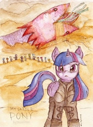 Size: 464x635 | Tagged: safe, artist:daisymane, twilight sparkle, twilight sparkle (alicorn), alicorn, pony, tatzlwurm, crossover, desert, dune, fremen, looking at you, parody, sandworm, shai-hulud, stillsuit, traditional art, watercolor painting