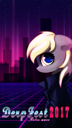 Size: 1085x1934 | Tagged: safe, artist:inowiseei, derpy hooves, pegasus, pony, alternate eye color, building, clothes, derpfest, female, jacket, mare, neon, poster, solo