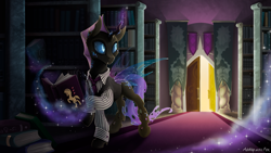 Size: 1731x974 | Tagged: safe, artist:arctic-fox, oc, oc only, oc:phobos, changeling, book, bookshelf, changeling magic, changeling oc, clothes, commission, crystal, door, library, magic, male, purple changeling, solo