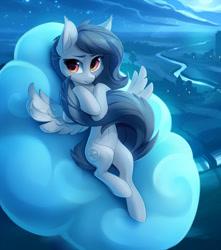 Size: 1059x1200 | Tagged: safe, artist:tomatocoup, oc, oc only, oc:santanna, pegasus, pony, cheek fluff, cloud, ear fluff, hug, looking at you, moon, moonlight, night, on a cloud, on back, river, solo, spread wings, tail hug, unshorn fetlocks