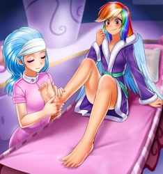 Size: 3000x3209 | Tagged: safe, artist:racoonsan, aloe, rainbow dash, human, barefoot, bathrobe, blushing, clothes, commission, cute, dashabetes, duo, duo female, eyes closed, feet, female, foot fetish, foot massage, hnnng, humanized, massage, robe, sitting, smiling, spa, spa robe, strategically covered, teary eyes, tickling, wavy mouth, winged humanization, wings