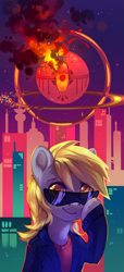 Size: 2245x4925 | Tagged: safe, artist:share dast, derpy hooves, pegasus, pony, absurd resolution, building, city, clothes, color porn, derpfest, epic derpy, explosion, female, jacket, looking at you, mare, raised hoof, smiling, solo, stars, sunglasses