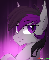 Size: 1204x1457 | Tagged: safe, artist:redchetgreen, oc, oc only, bat pony, pony, fangs, female, gradient background, looking at you, mare, purple eyes, raised hoof, simple background, slit eyes, smiling, solo