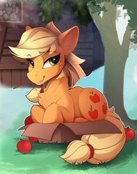 Size: 1520x1925 | Tagged: safe, artist:danmur15, artist:yakovlev-vad, edit, applejack, earth pony, pony, 1000 hours in gimp, apple, applecat, behaving like a cat, box, chest fluff, cute, ear fluff, female, food, if i fits i sits, jackabetes, mare, pony in a box, prone, solo, tree