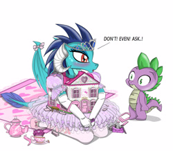Size: 3500x3100 | Tagged: safe, artist:avchonline, princess ember, spike, dragon, blushing, broken, canterlot royal ballet academy, clothes, cute, dollhouse, hello kitty, missing ear, open mouth, sanrio, simple background, tea, teacup, tomboy taming, white background