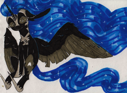 Size: 2202x1623 | Tagged: safe, artist:rinioshi, nightmare moon, alicorn, pony, big ears, floppy ears, looking at you, markers, solo, spread wings, traditional art