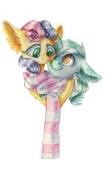 Size: 1760x2895 | Tagged: safe, artist:rinioshi, bon bon, lyra heartstrings, sweetie drops, earth pony, pony, unicorn, best friends, bust, clothes, colored pencil drawing, duo, ear fluff, floppy ears, hug, looking at each other, scarf, simple background, smiling, traditional art, transparent background