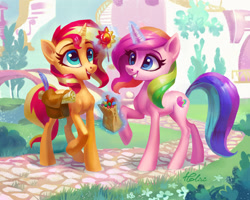 Size: 2204x1761 | Tagged: safe, artist:holivi, sunset shimmer, oc, oc:rainbow heart, pony, unicorn, candy, female, food, gift bag, glowing horn, lollipop, magic, mare, quill, rainbow hair, raised hoof, saddle bag, scroll, smiling, telekinesis