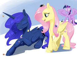 Size: 1280x989 | Tagged: safe, artist:silfoe, fluttershy, princess luna, twilight sparkle, twilight sparkle (alicorn), alicorn, pegasus, pony, spider, arachnophobia, eyes closed, female, grin, lesbian, open mouth, prone, royal sketchbook, shipping, smiling, twiluna, wide eyes