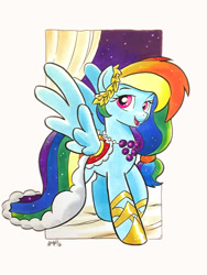 Size: 768x1024 | Tagged: safe, artist:tonyfleecs, rainbow dash, pegasus, pony, the best night ever, clothes, commissioner:ajnrules, dress, gala dress, rainbow dash always dresses in style, solo, traditional art