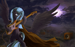 Size: 1433x911 | Tagged: safe, artist:1deathpony1, princess luna, alicorn, pony, bipedal, both cutie marks, cape, clothes, cloud, crepuscular rays, electric guitar, guitar, moon, moonlight, night, s1 luna, solo, spread wings