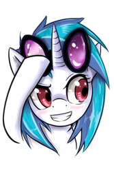 Size: 640x960 | Tagged: safe, artist:marble-soda, dj pon-3, vinyl scratch, pony, unicorn, blushing, bust, portrait, simple background, smiling, solo, white background, wrong eye color