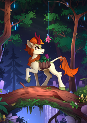 Size: 1800x2540 | Tagged: safe, artist:yakovlev-vad, autumn blaze, butterfly, ghost, kirin, awwtumn blaze, cute, eyes on the prize, female, fishing rod, flower, forest, herbs, hoof fluff, leg fluff, leonine tail, log, looking at something, looking up, mushroom, nature, open mouth, quadrupedal, raised hoof, saddle bag, scenery, scenery porn, sketch, smiling, solo, spirit, talisman, tree, tree branch