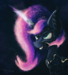 Size: 3000x3300 | Tagged: safe, artist:ferasor, princess luna, alicorn, pony, armor, frown, glowing horn, grin, helmet, smiling, solo
